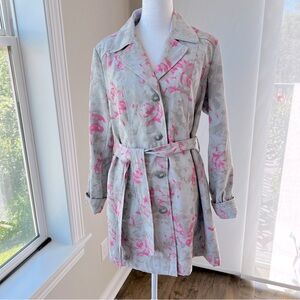 Relativity Gray Trench Coat with Pink Floral Print